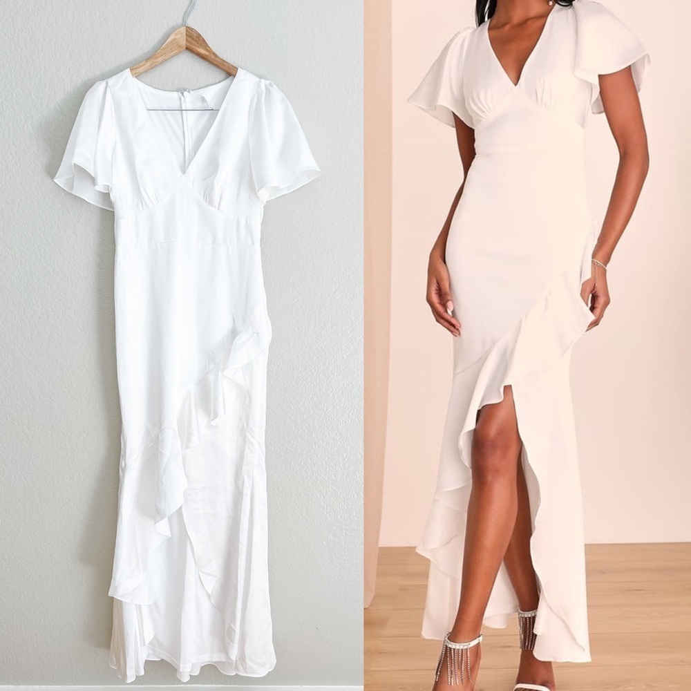 NWOT Eternal Bond White Satin Ruffled Flutter Sleeve Maxi Dress